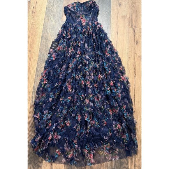 Lulus Stunning Element Navy Floral Mesh Ruffled Strapless Maxi Dress Size S NWOT - Picture 6 of 6